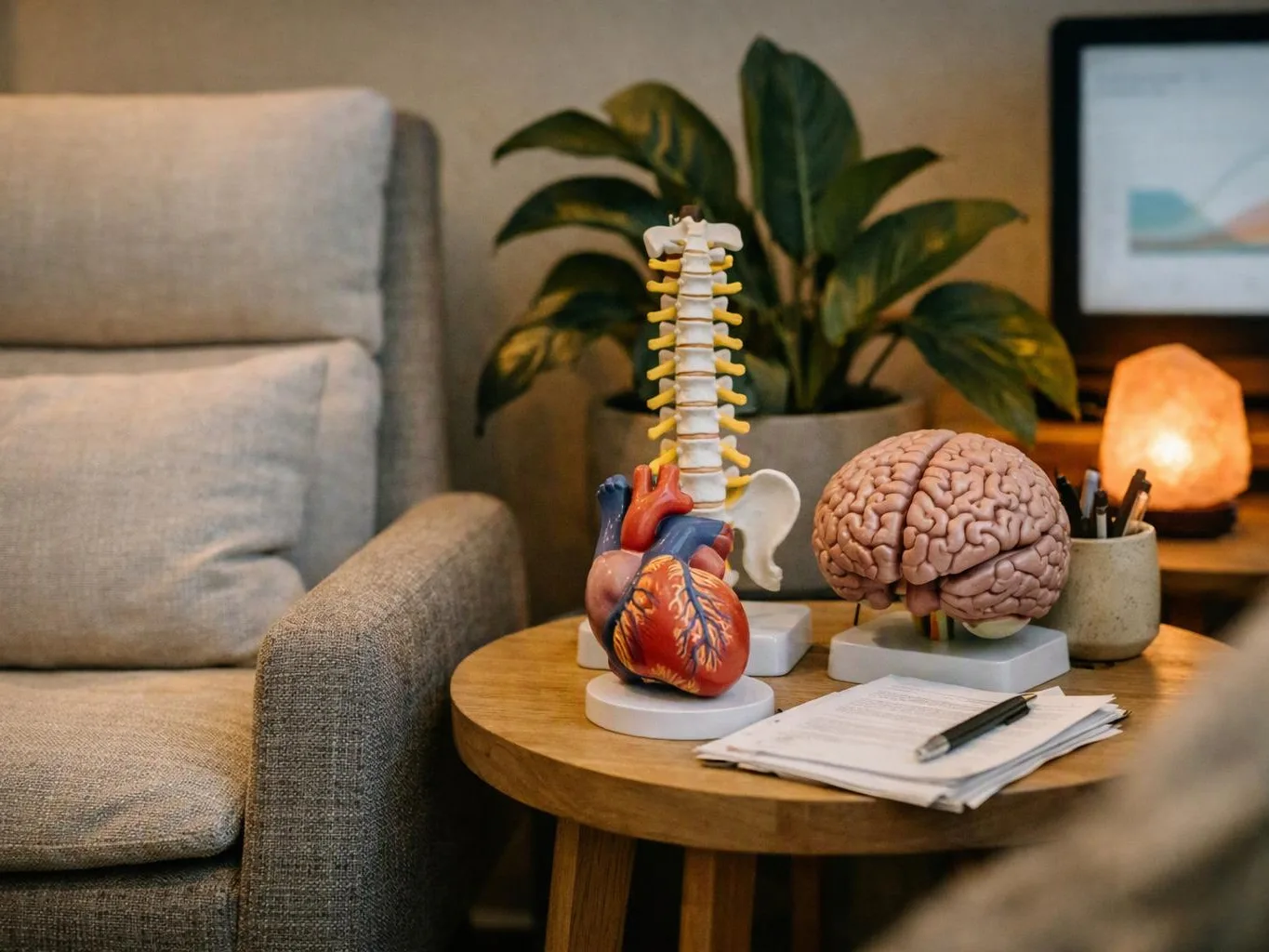 An armchair sits beside a round table with anatomy models, papers, and a pen in a cozy room