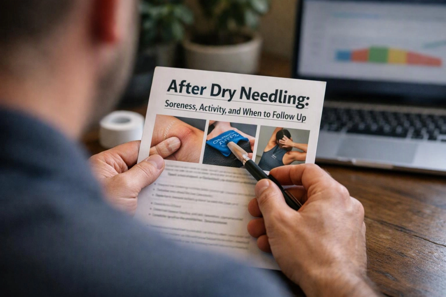 A person holds a flyer about dry needling and points with a pen at small photos on a desk near a laptop