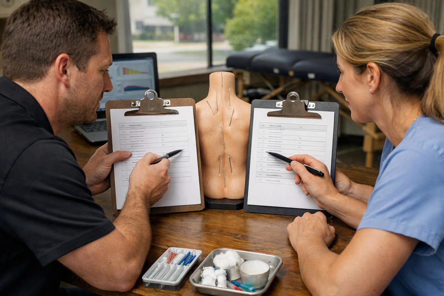 Editorial documentary photograph showing a visual metaphor for comparing dry needling options