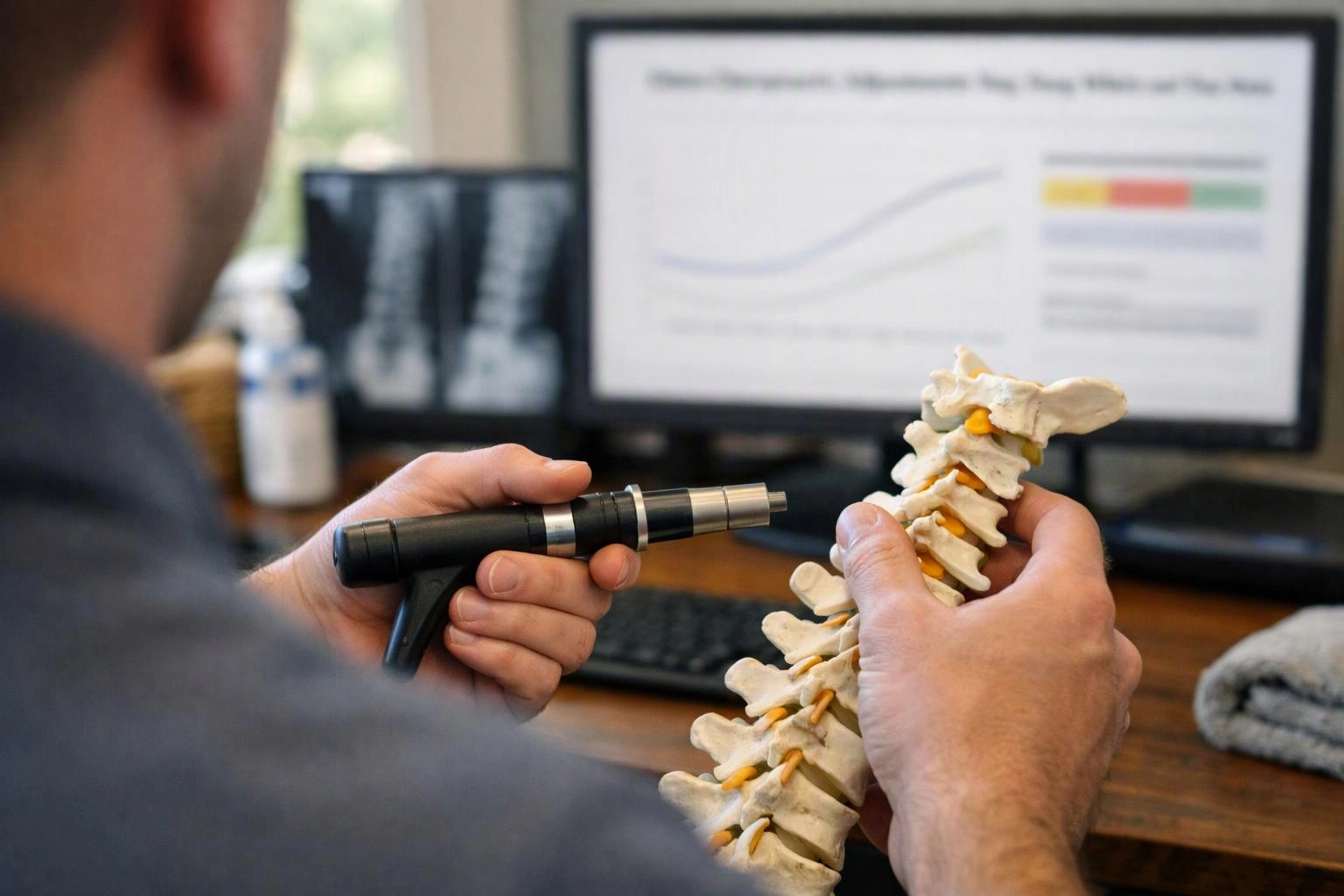 A person holds a spinal model and a handheld device at a desk with computer screens in the background