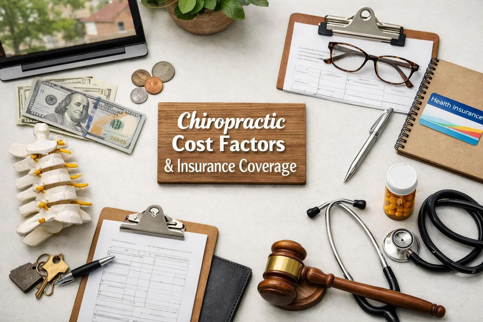 Aerial top-down flat-lay photograph of overhead flat-lay of items that represent "Chiropractic Cost Factors and Insurance Coverage" in a Chiropractor context