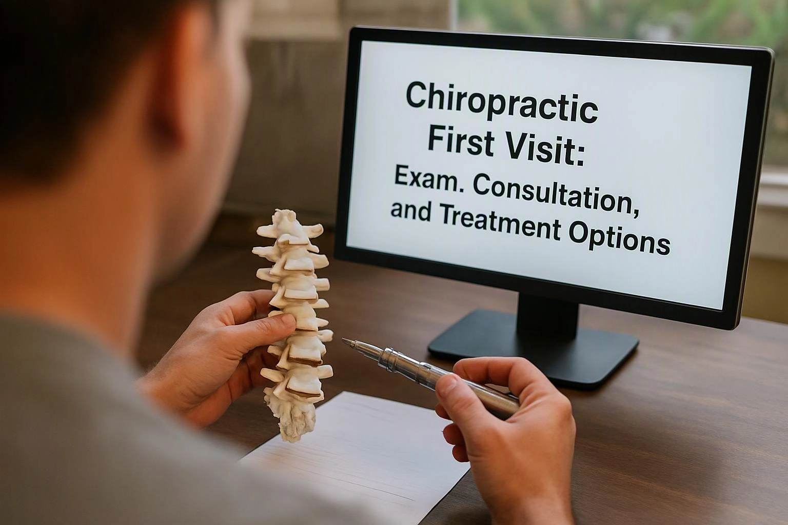 A person studies a spine model and pen beside a monitor showing chiropractic first visit text
