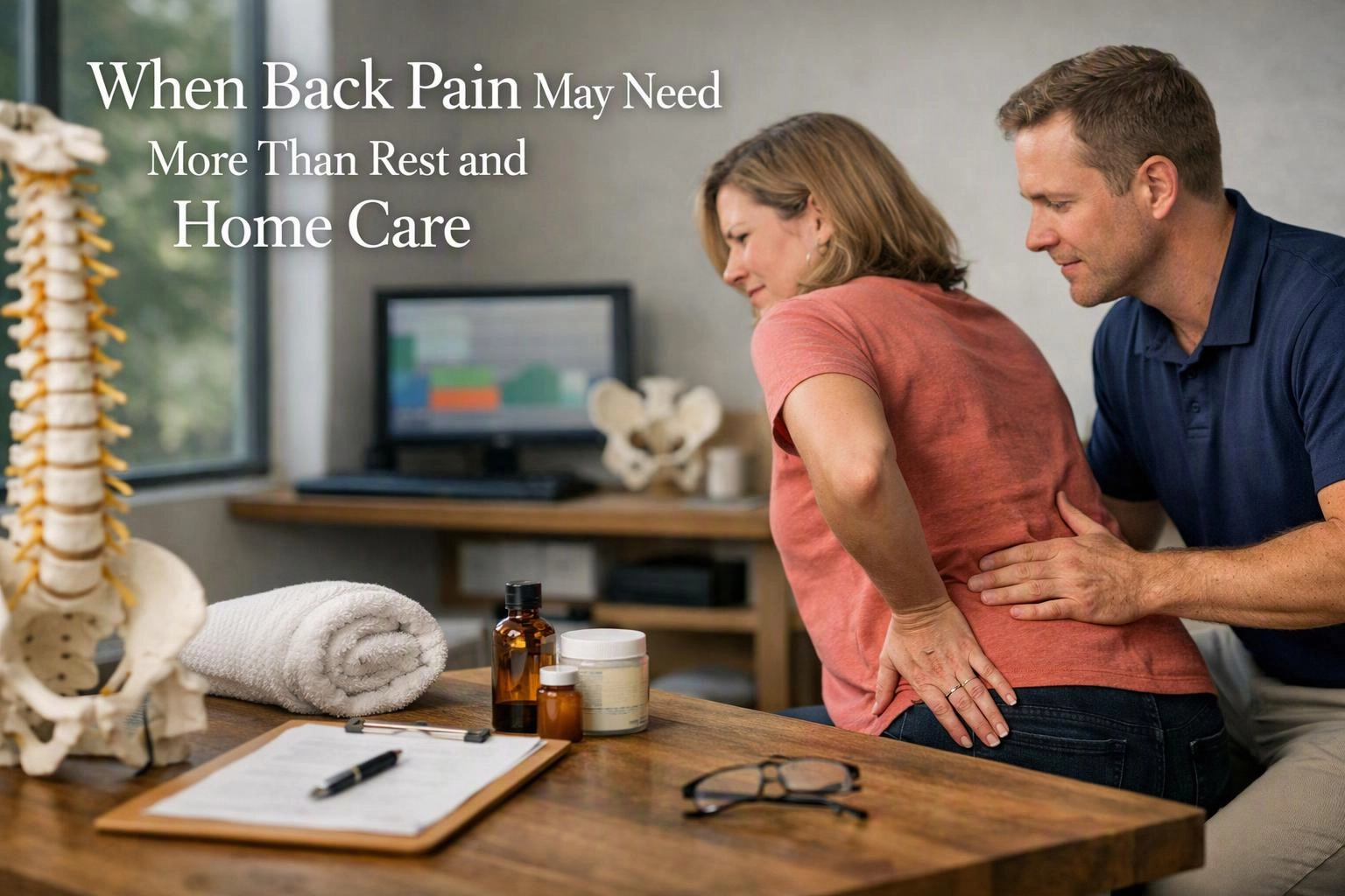 A man presses a woman’s lower back in a clinic room, with a spine model and treatment items on the desk
