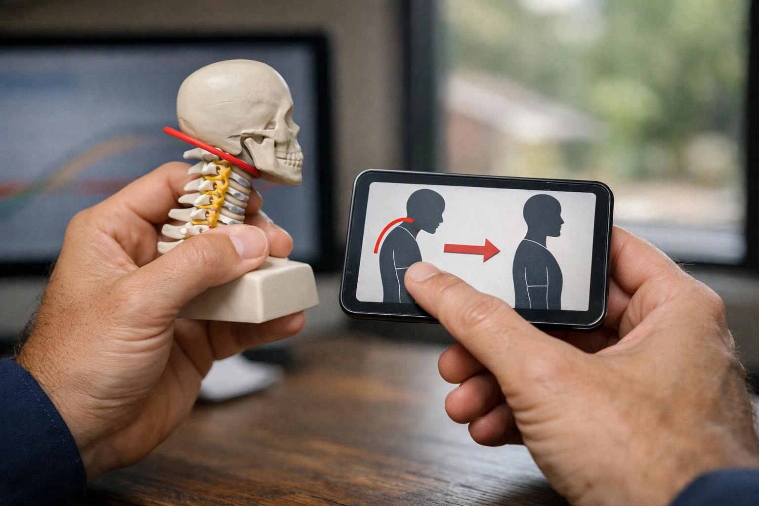 Hands hold a neck skeleton model and a phone showing posture change from hunched to upright