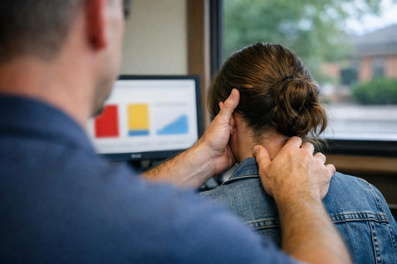 A therapist gently holds a woman’s neck while they sit near a computer with charts in a bright office