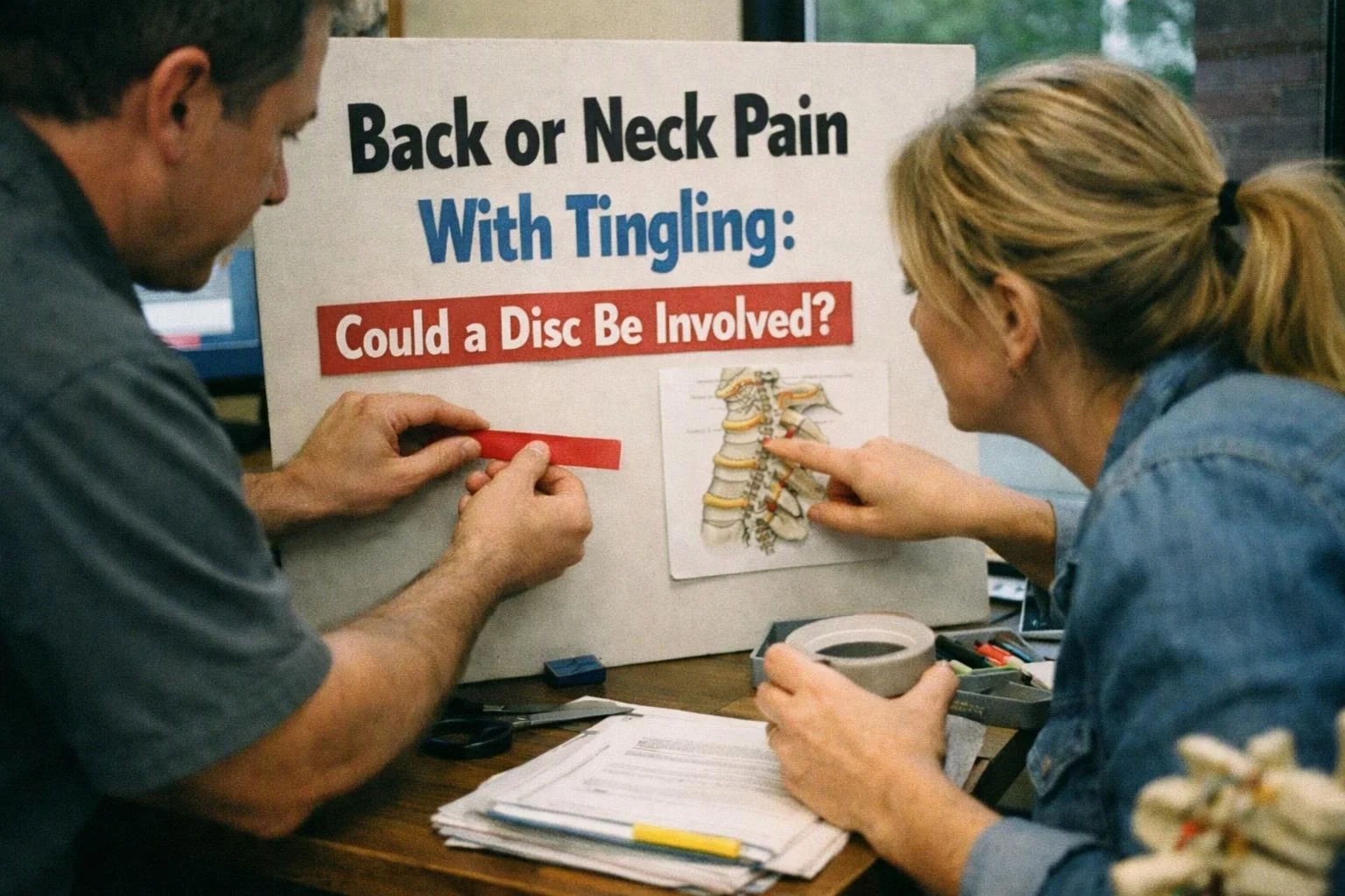 Two people point at a medical poster about back or neck pain while sitting at a desk