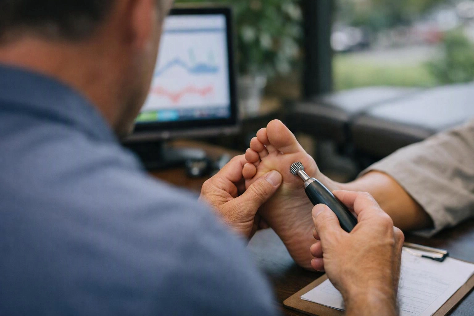 A clinician examines a patient’s foot with a handheld tool beside a monitor and clipboard