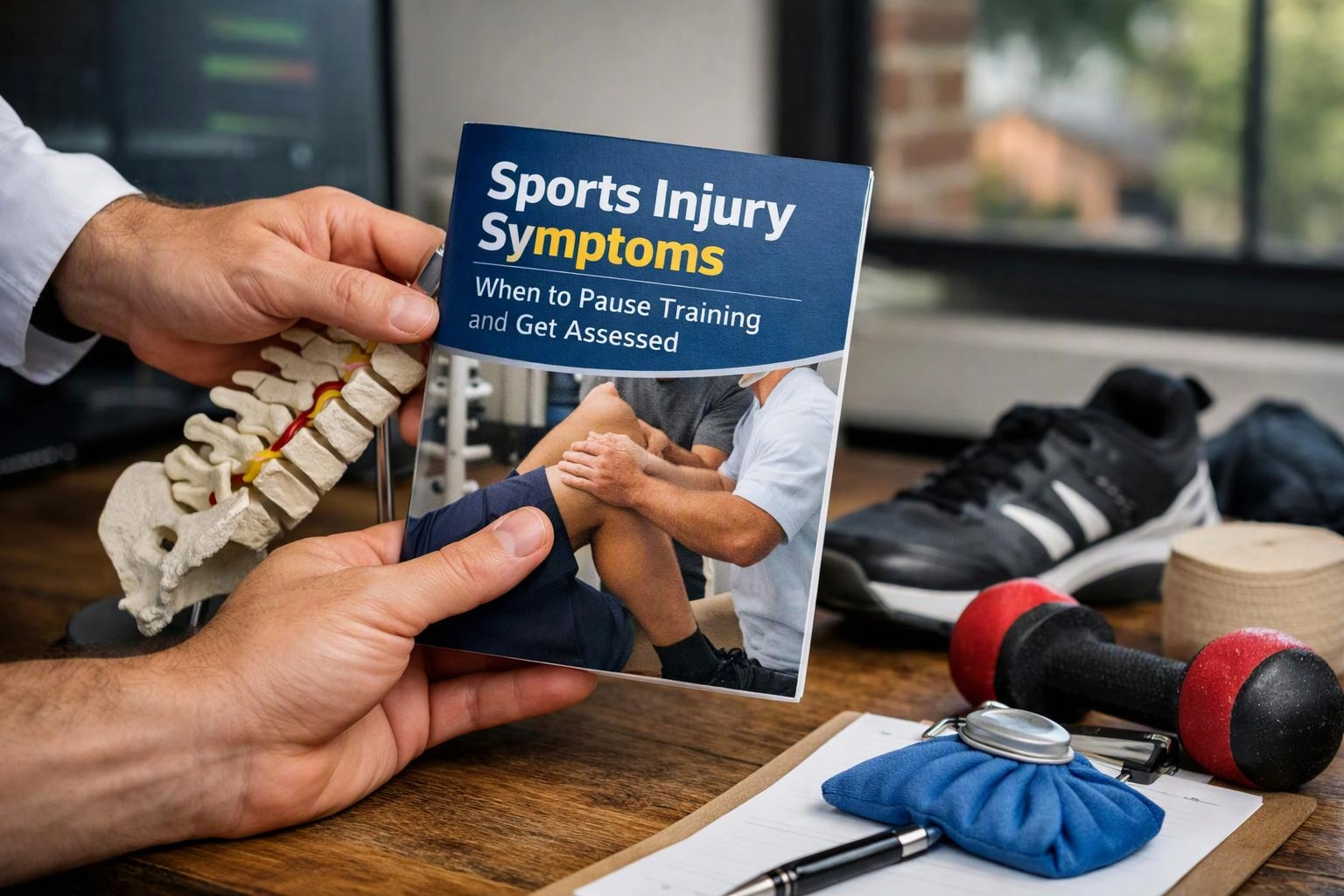 Hands hold a sports injury symptoms booklet beside a spine model, shoe, dumbbell, ice pack, and clipboard on a desk