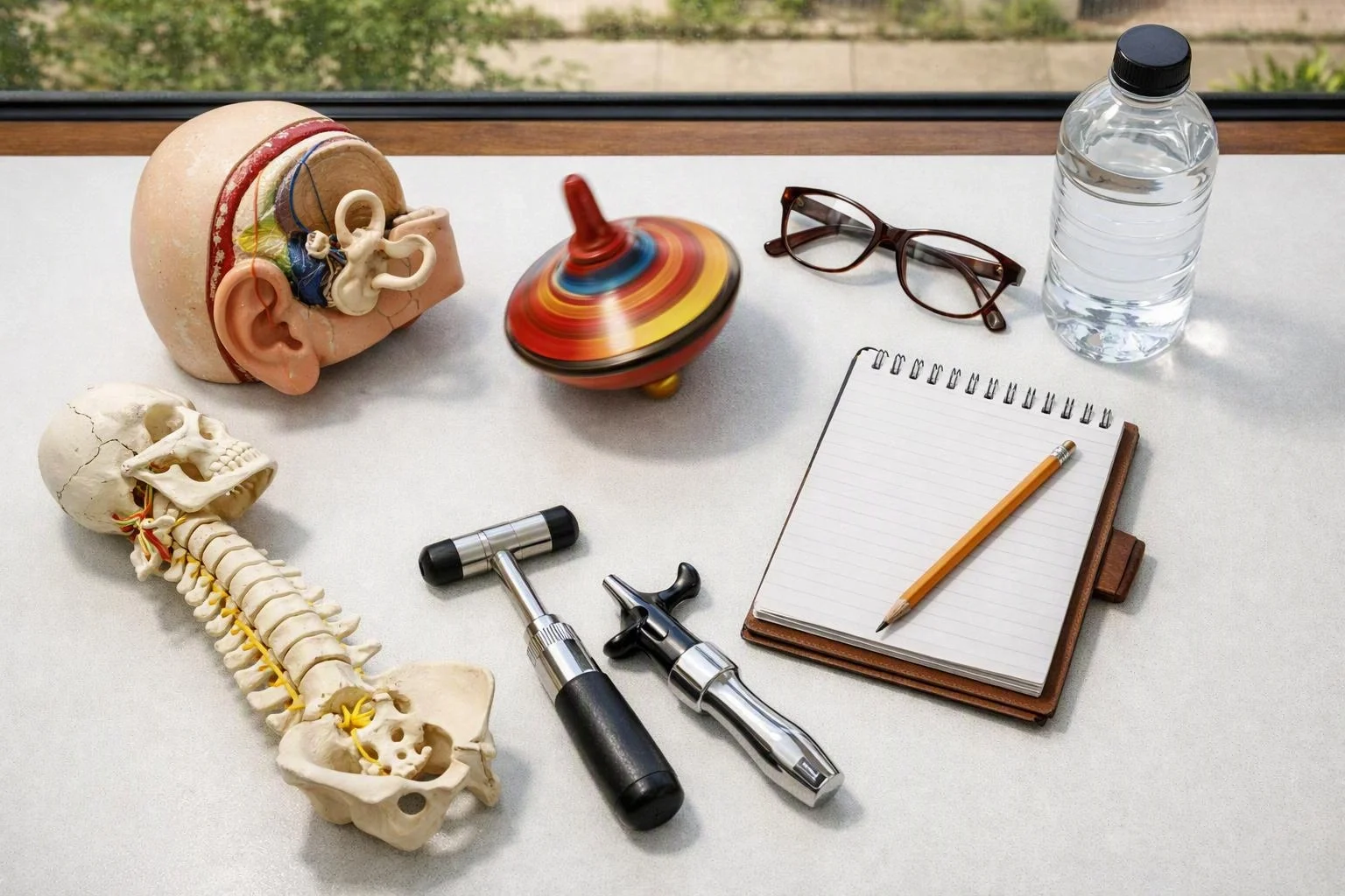 Aerial top-down flat-lay photograph of a clear visual metaphor illustrating what "Recurring Dizziness or Vertigo