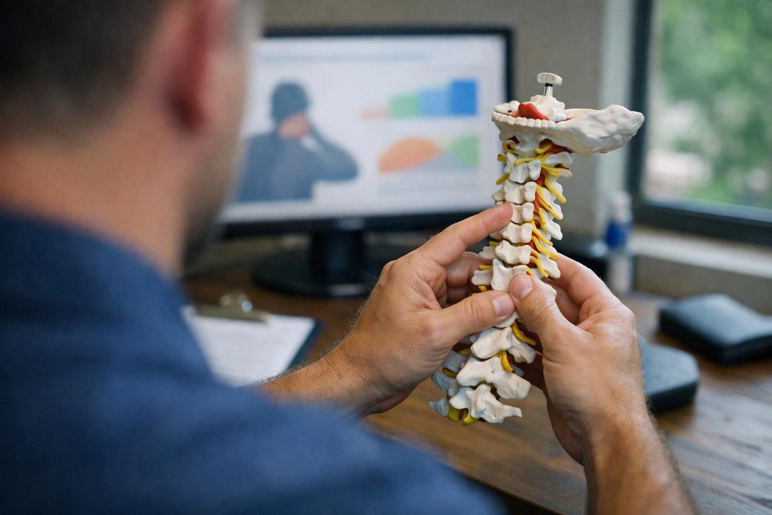 A person holds a model spine in front of a desk monitor displaying blurred charts
