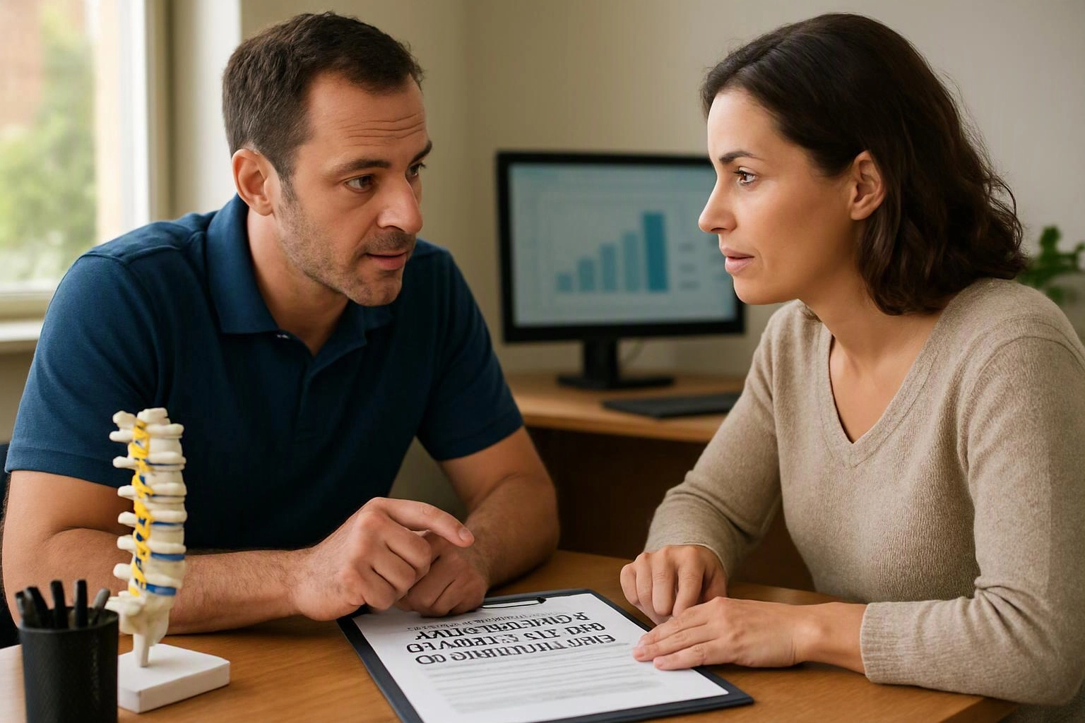 A man and woman talk across a desk with a spine model and a chart on a monitor behind them