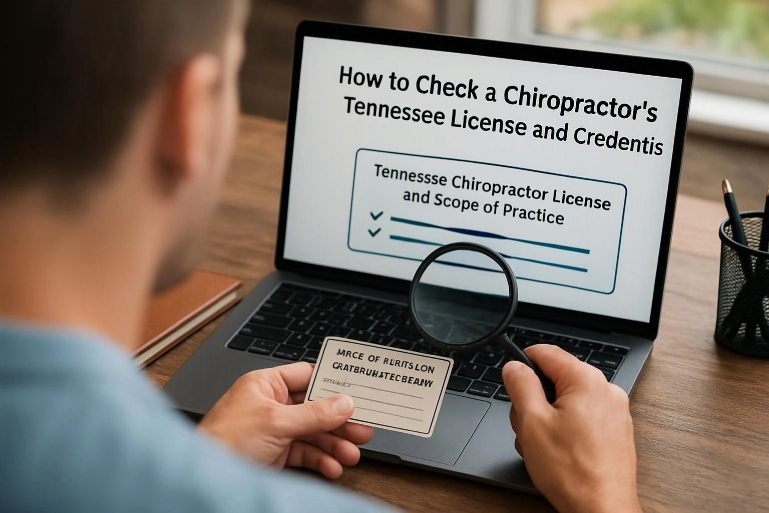 A person checks a chiropractor license card with a magnifying glass beside a laptop showing license verification text