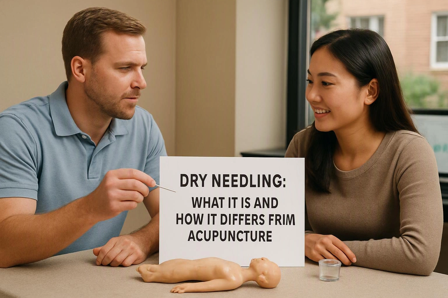 A man points at a sign about dry needling while talking with a smiling woman at a table