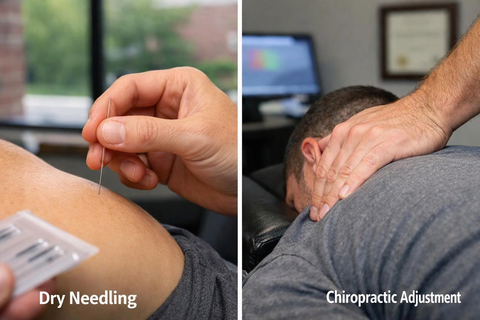 A split image shows dry needling on a shoulder and a chiropractor pressing a patient’s back in an office