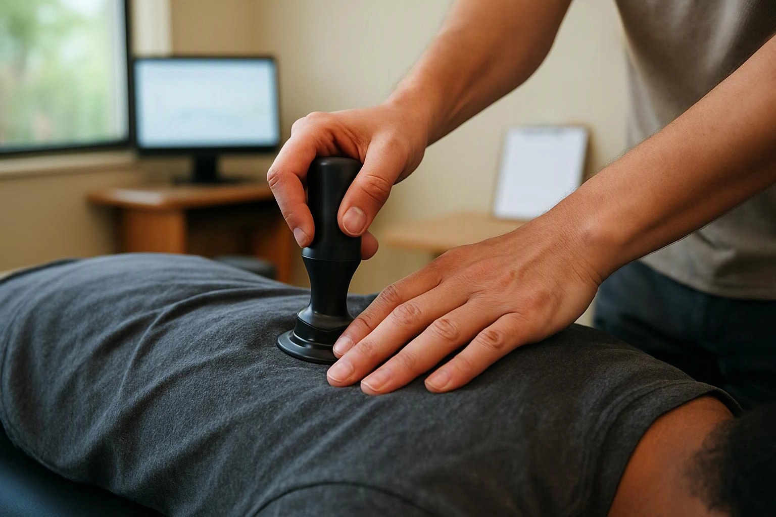 Hands press a massage tool into a person’s back in a calm treatment room