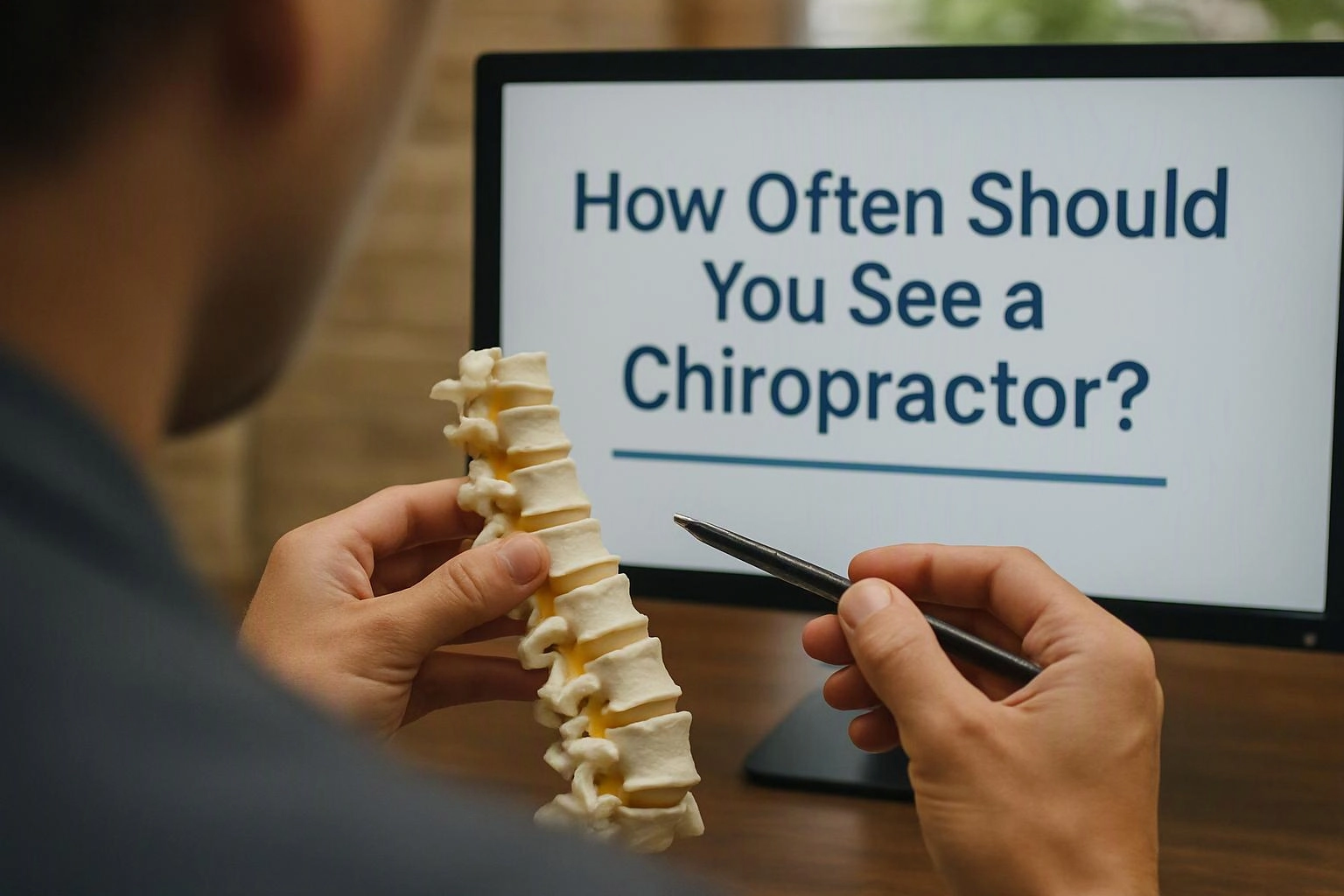 A person holds a spine model and a pen in front of a screen asking, "How Often Should You See a Chiropractor?"