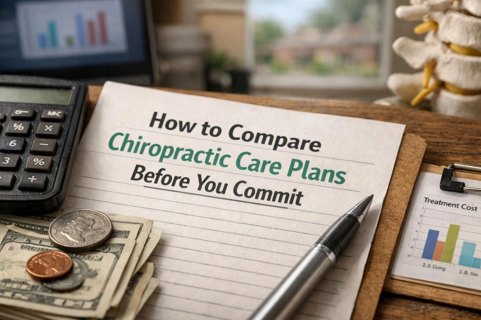 Macro photograph of an environmental still life in a workspace featuring text about comparing chiropractic care plans
