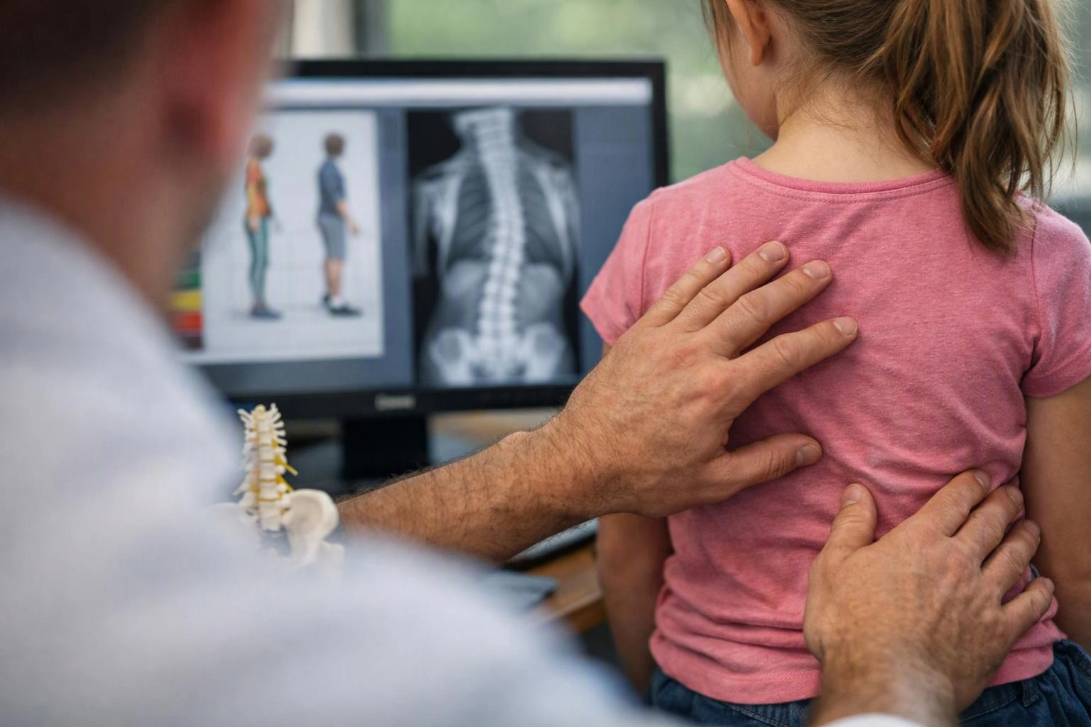 A doctor examines a child’s back while a spine X-ray displays on a computer monitor