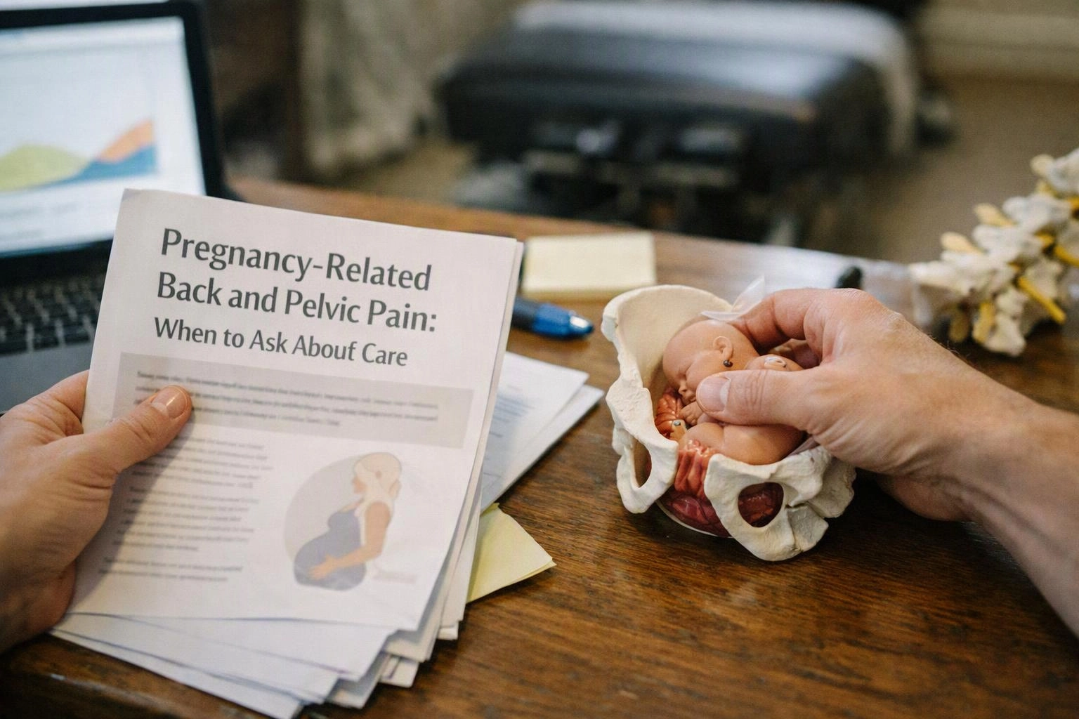 Hands hold a pregnancy care pamphlet and a small baby model on a wooden desk