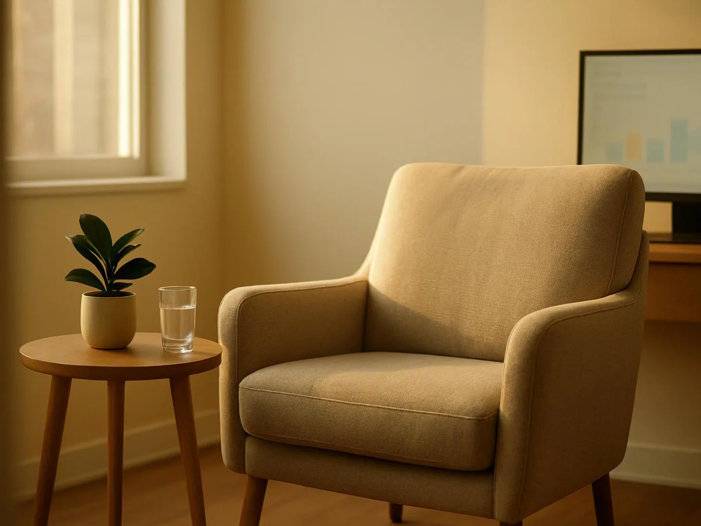 A beige armchair sits beside a small table holding a plant and glass of water in a sunlit room