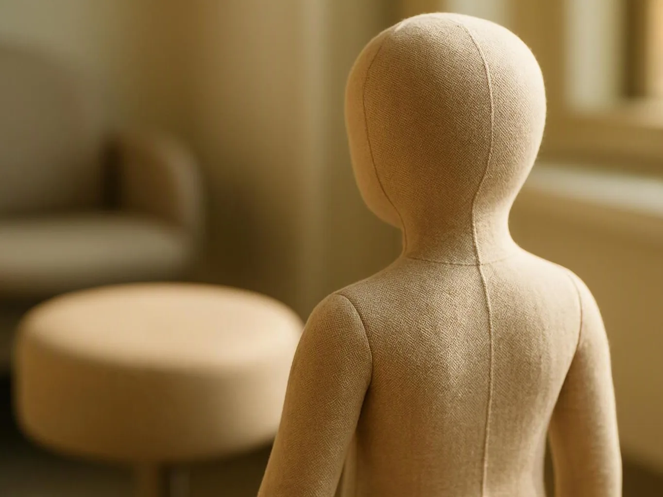 A beige fabric mannequin stands in a softly lit room with a blurred chair and ottoman behind it