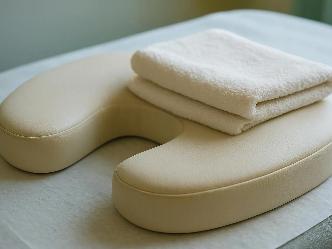A beige U-shaped massage pillow sits on a bed with a folded white towel on top