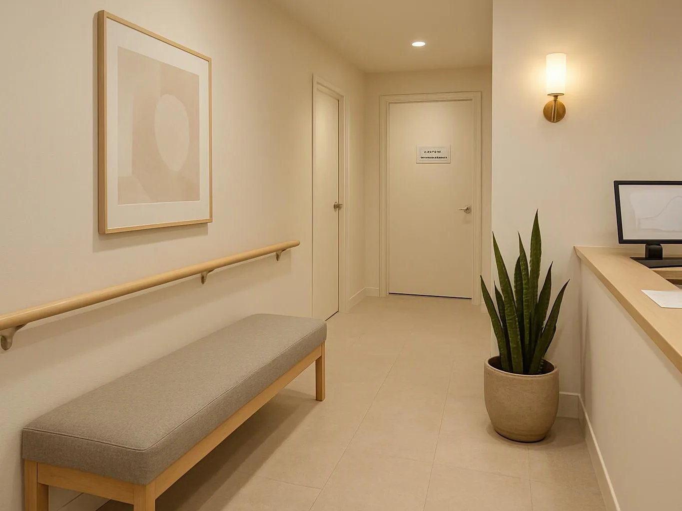 A beige waiting room has a long bench, potted plant, framed art, and closed doors under soft wall lights