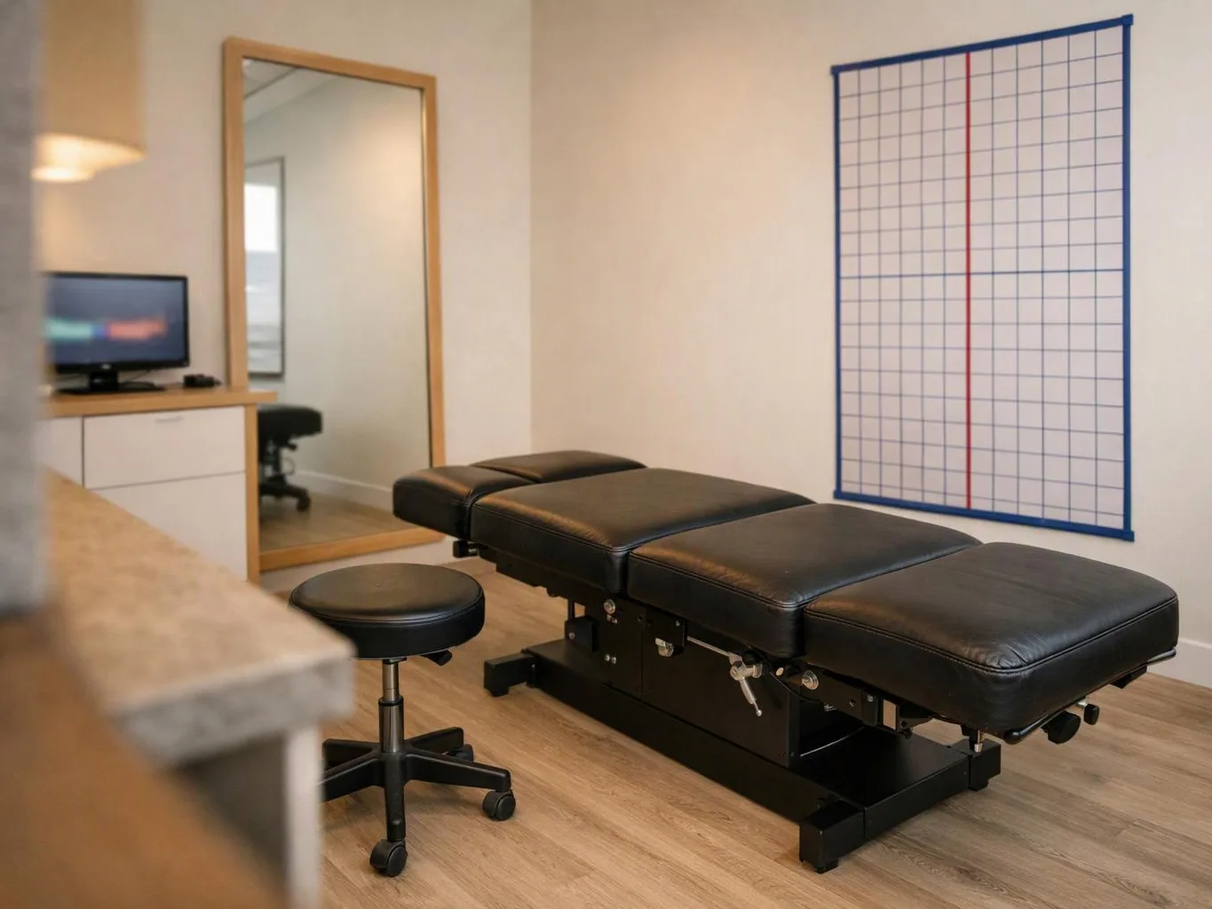 A black padded treatment table sits in a clean exam room beside a rolling stool and wall mirror