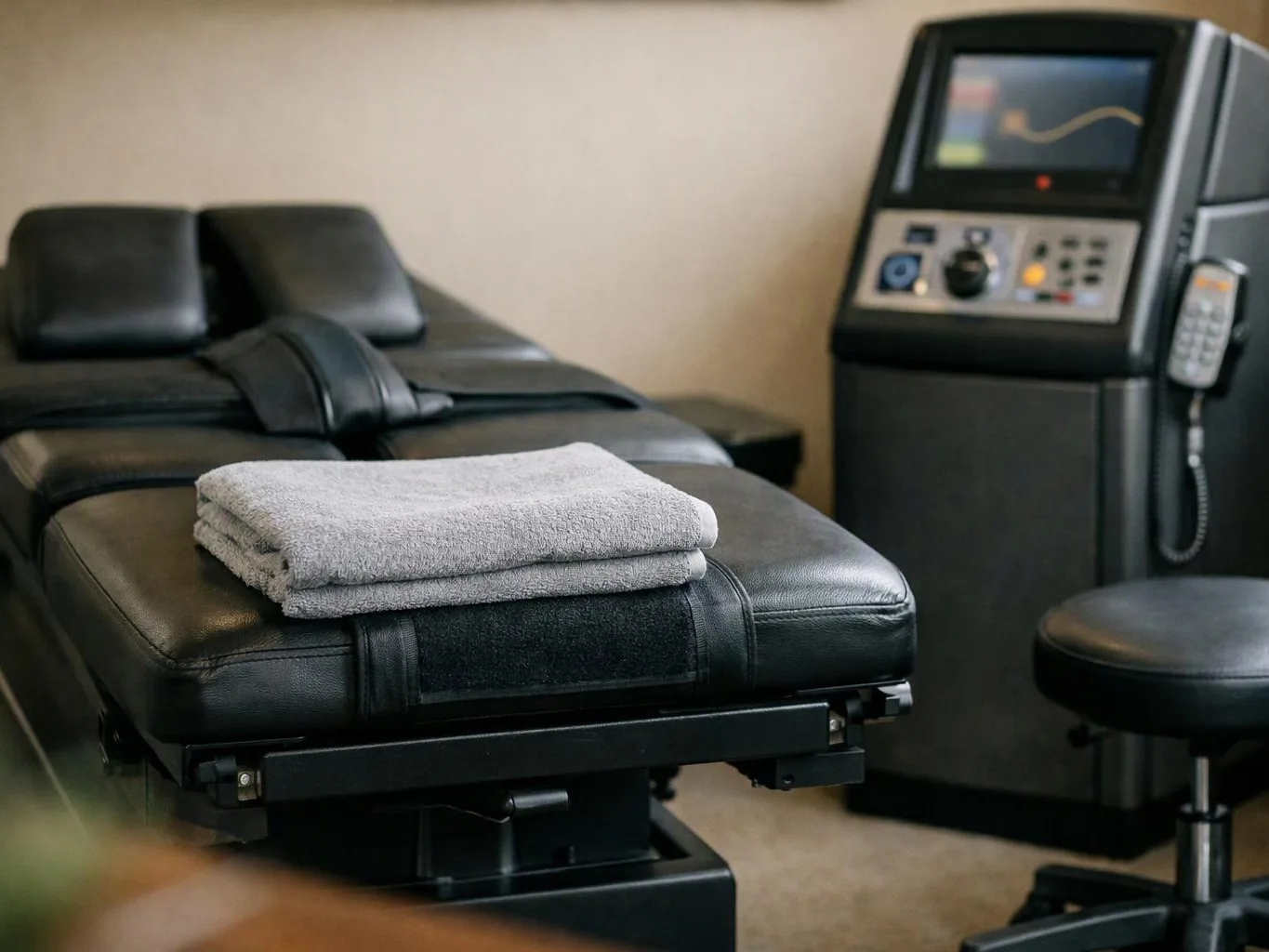 A black treatment table with folded towels sits beside a medical control machine in a quiet room
