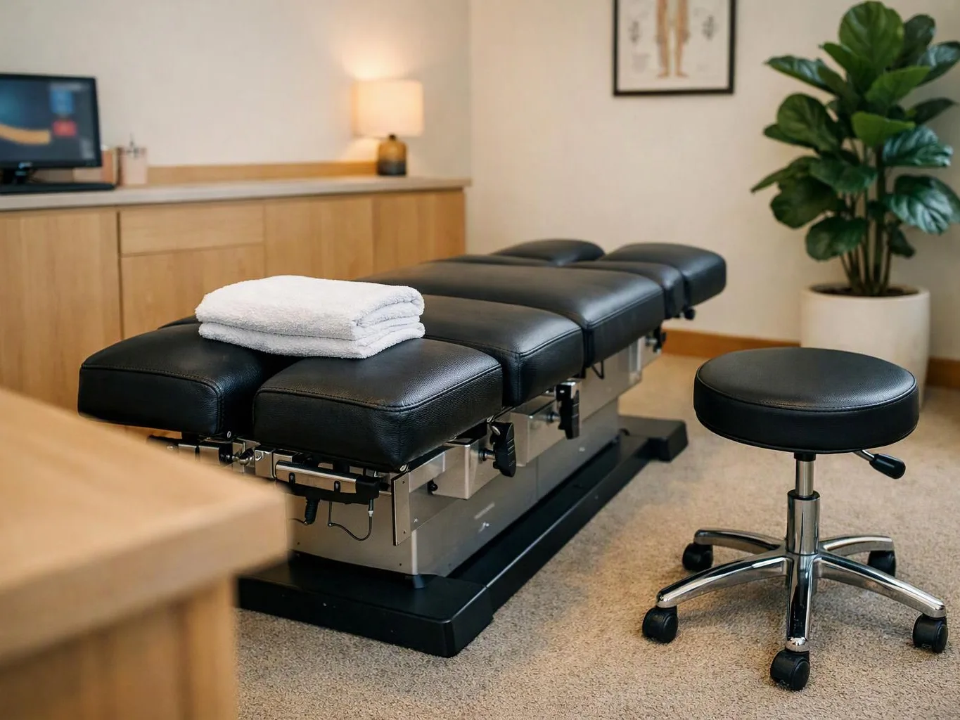 A black treatment table with folded towels sits in a tidy exam room beside a rolling stool and plant