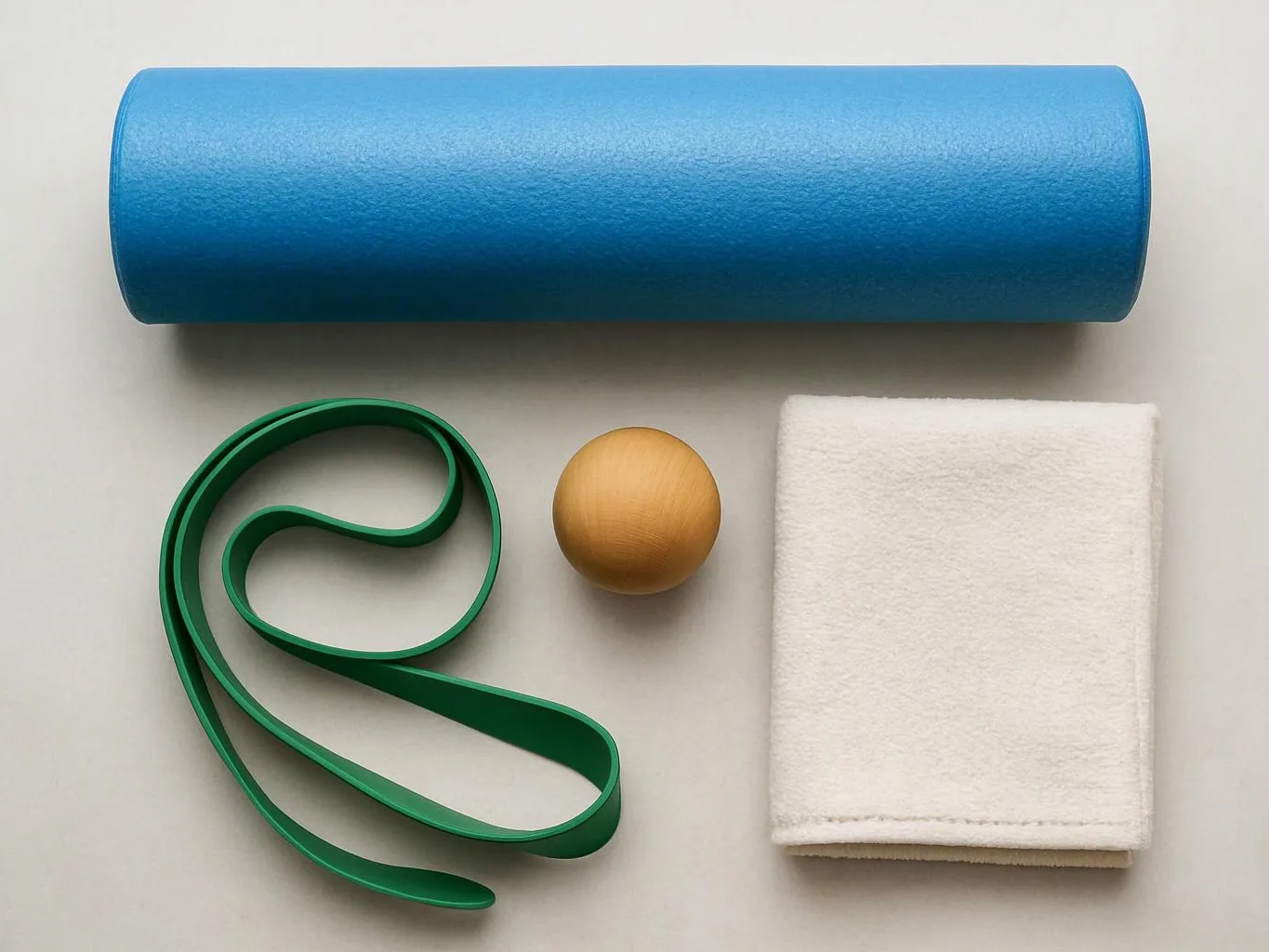 A blue foam roller, green resistance band, wooden ball, and folded white towel lie on a light surface