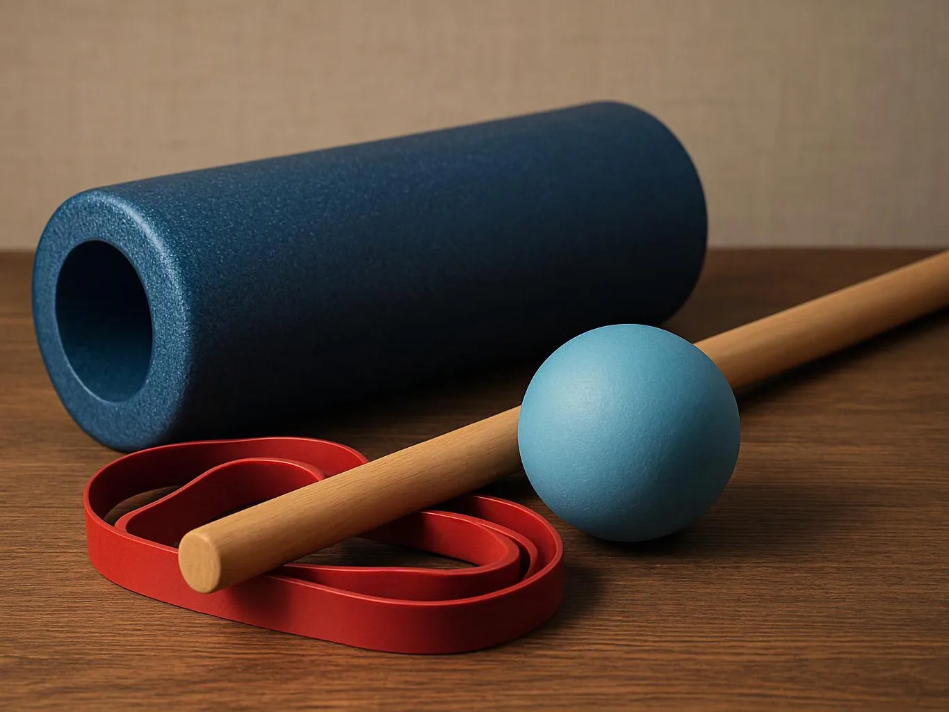 A blue foam roller, wooden stick, blue ball, and red resistance band lie on a wooden table