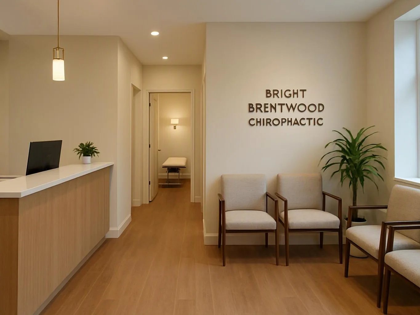 A bright chiropractic waiting room shows beige chairs, a front desk, a potted plant, and an exam room doorway