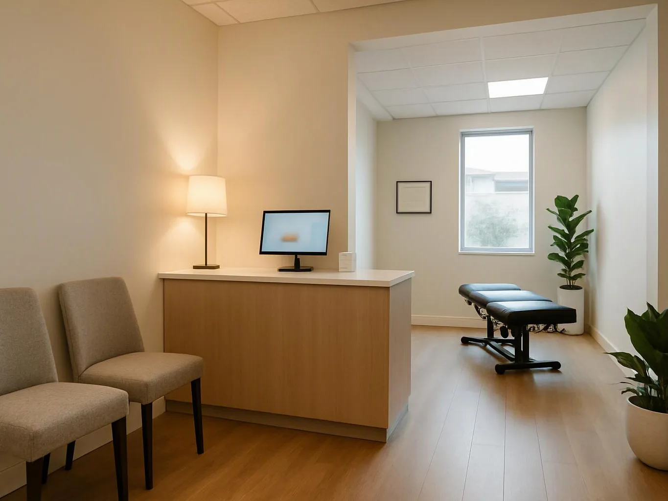 A bright medical office waiting room shows chairs, a reception desk, a lamp, a treatment table, and potted plants