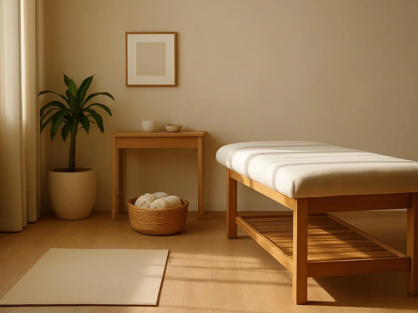 A bright minimalist treatment room shows a padded wooden table, a potted plant, a small table, and a basket of towels