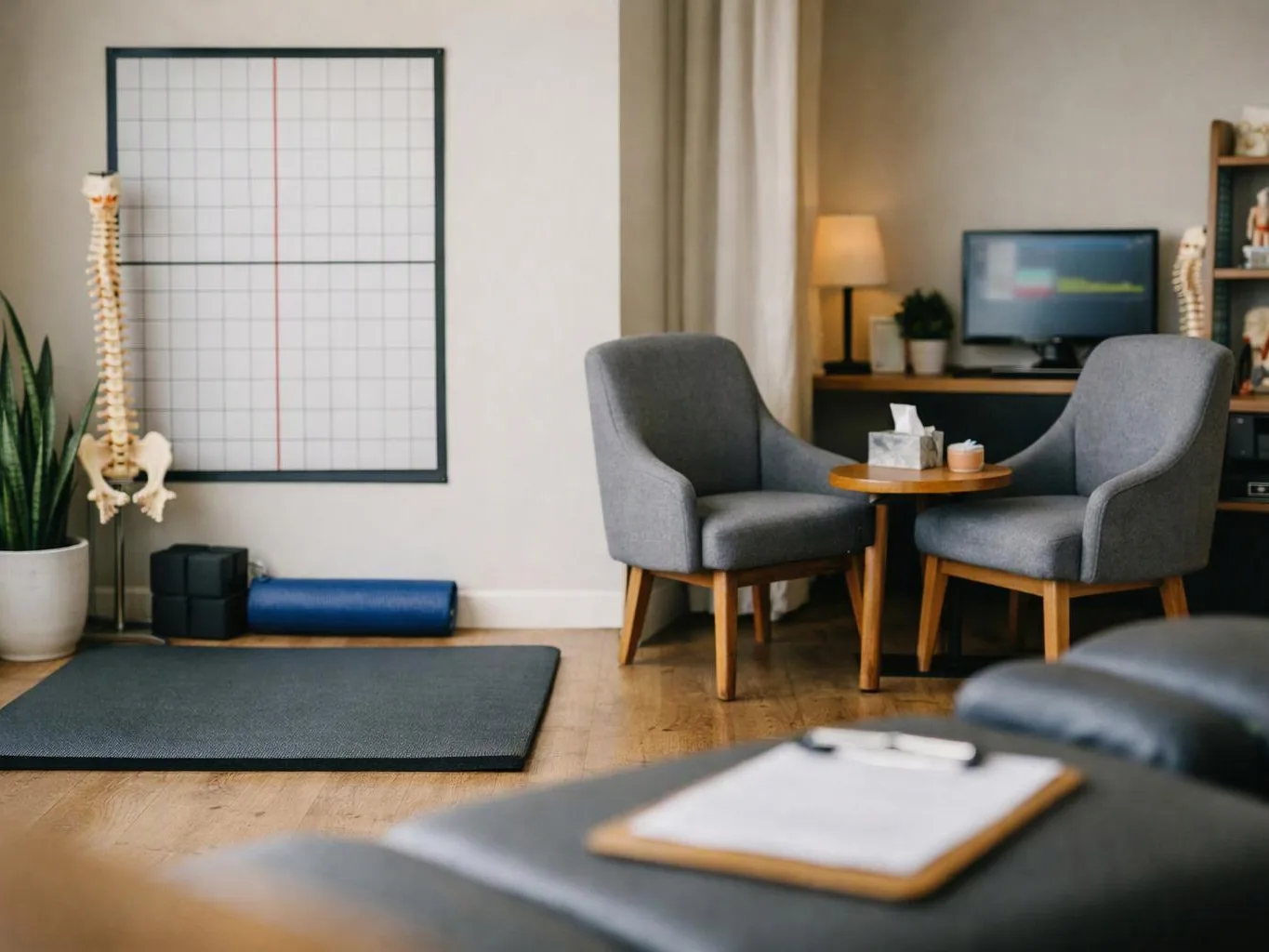 A calm therapy office with two gray chairs, a small table, a yoga mat, and a spine model