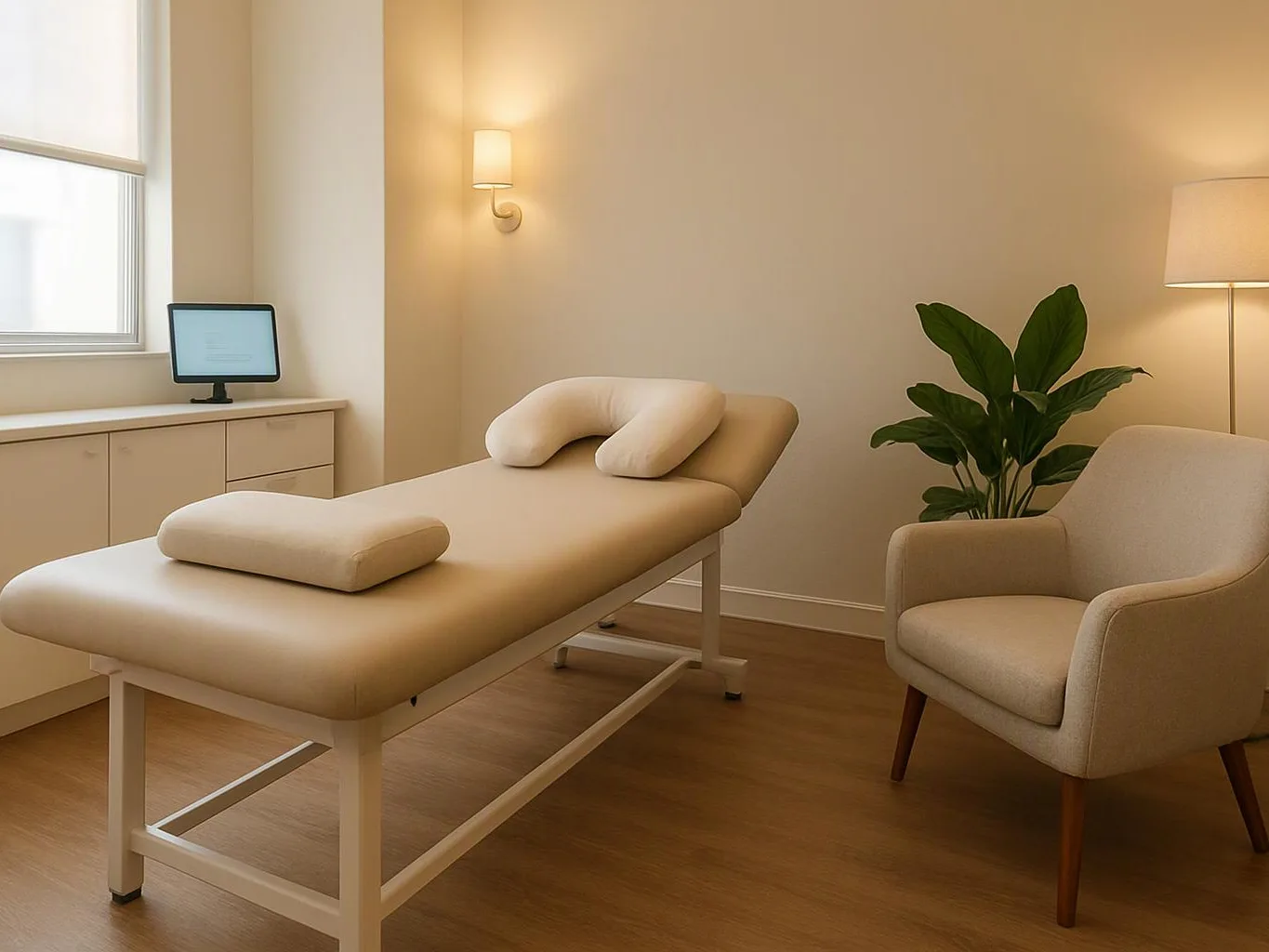 A calm treatment room has a padded exam table, an armchair, a lamp, a plant, and a small screen on a cabinet