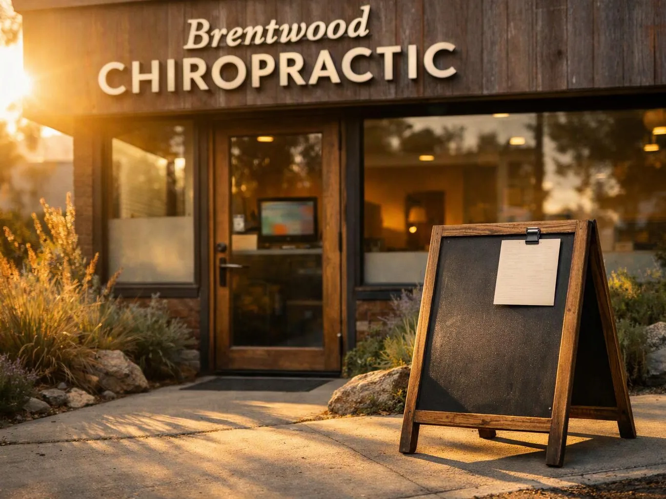 A chiropractic office entrance with a blank sandwich board stands in warm sunset light