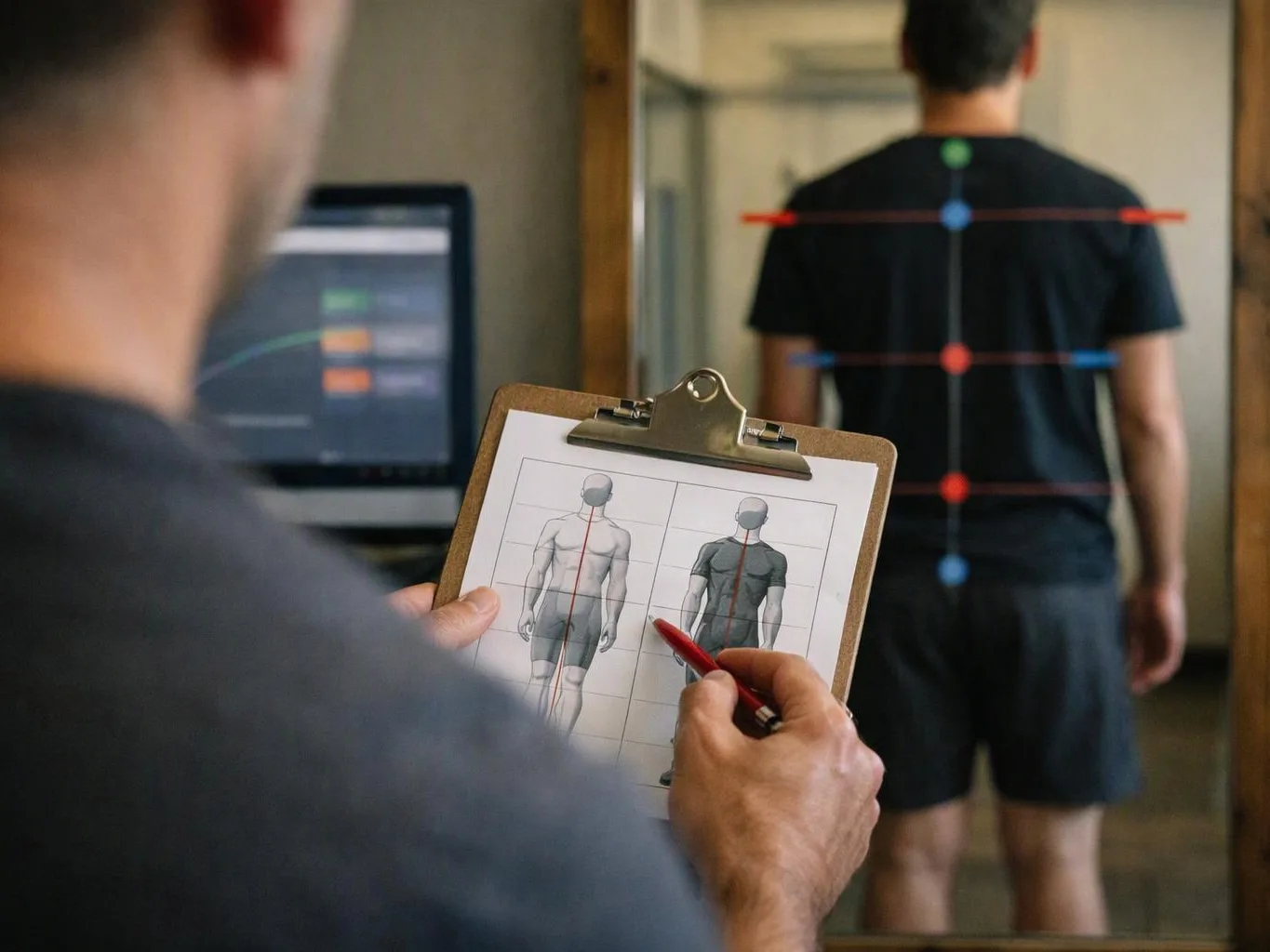 A clinician holds a clipboard with body diagrams while measuring a man standing near a mirror