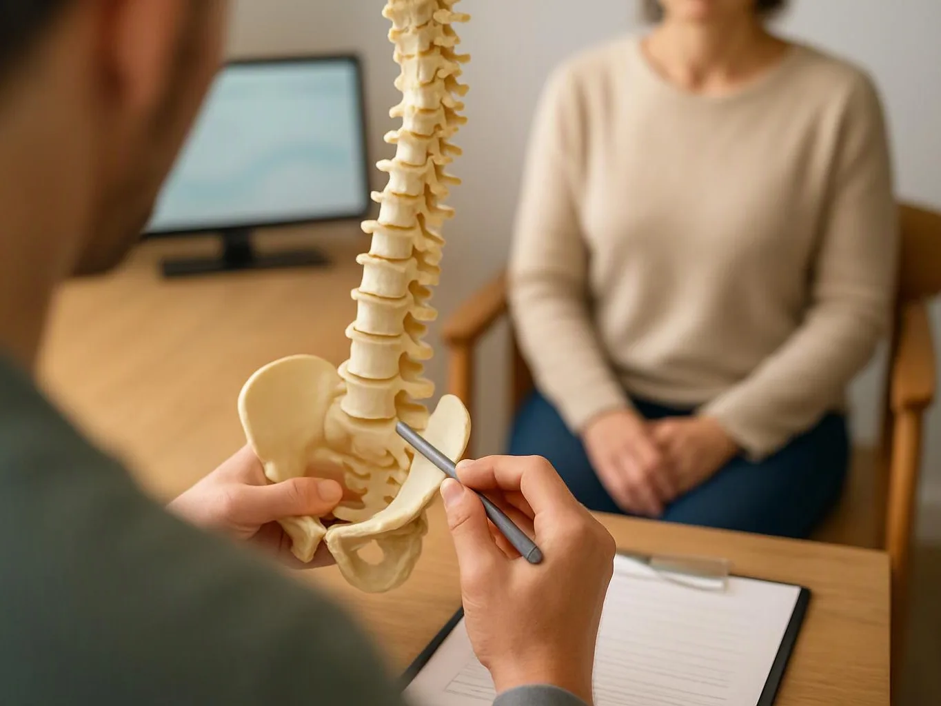 A clinician points to a spine and pelvis model while speaking with a seated woman in an exam room