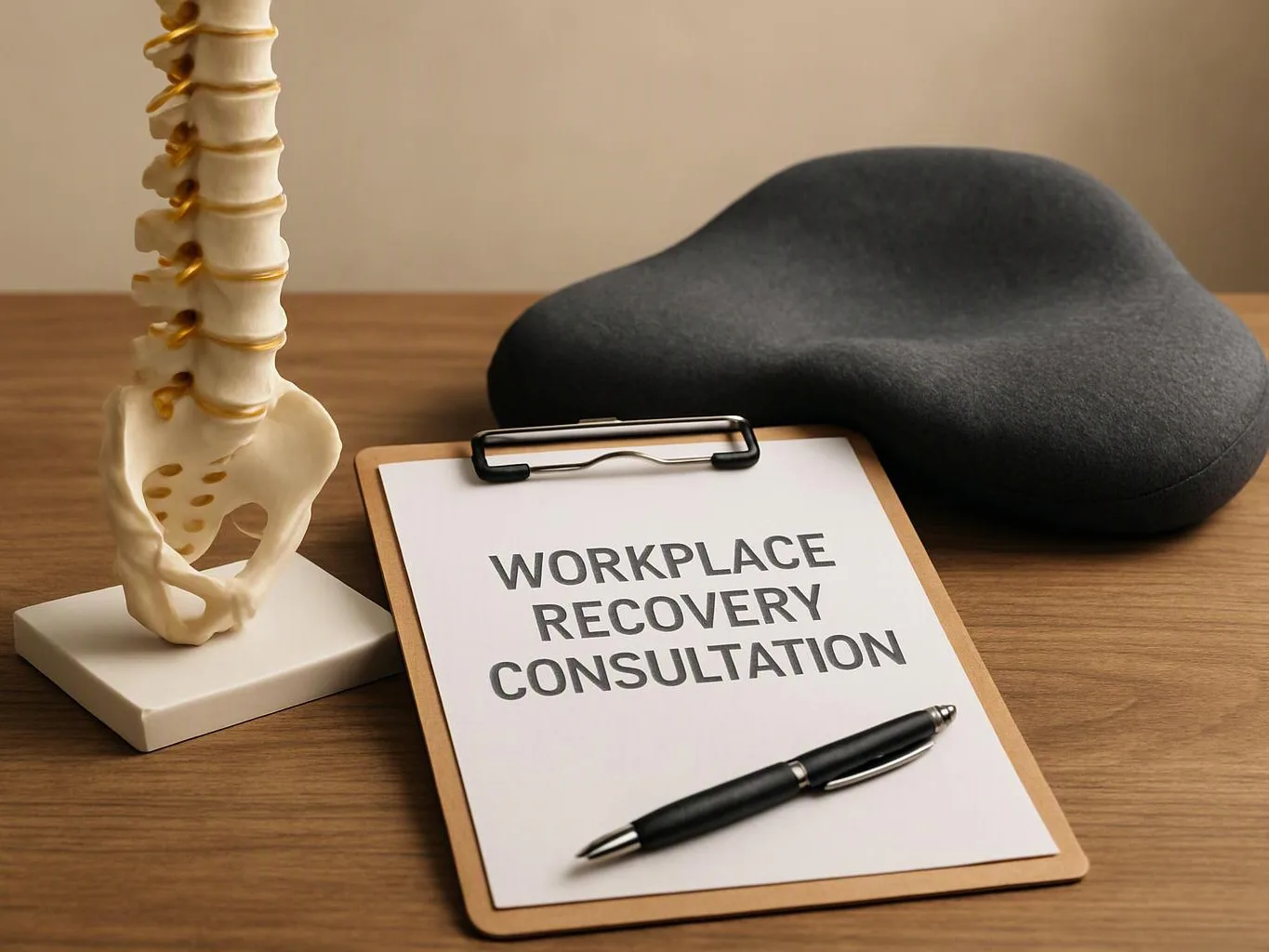 A clipboard with “WORKPLACE RECOVERY CONSULTATION” sits beside a spine model and black cushion on a wooden table