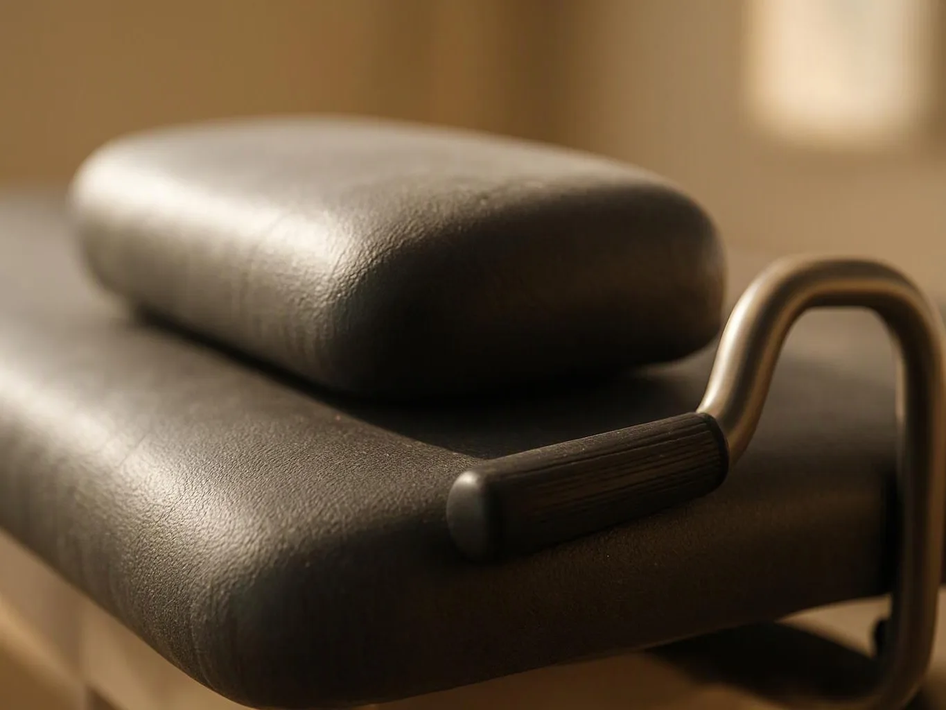 Close-up of a padded black exercise bench with a metal handle in warm indoor light
