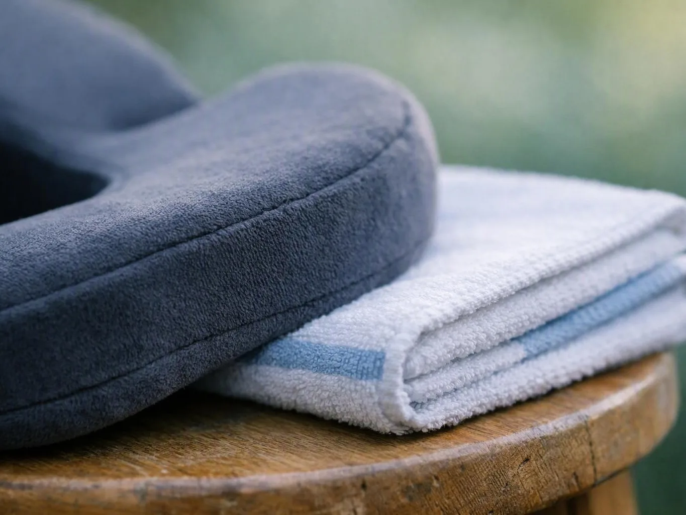 A dark cushion rests on a folded white towel atop a wooden stool outdoors