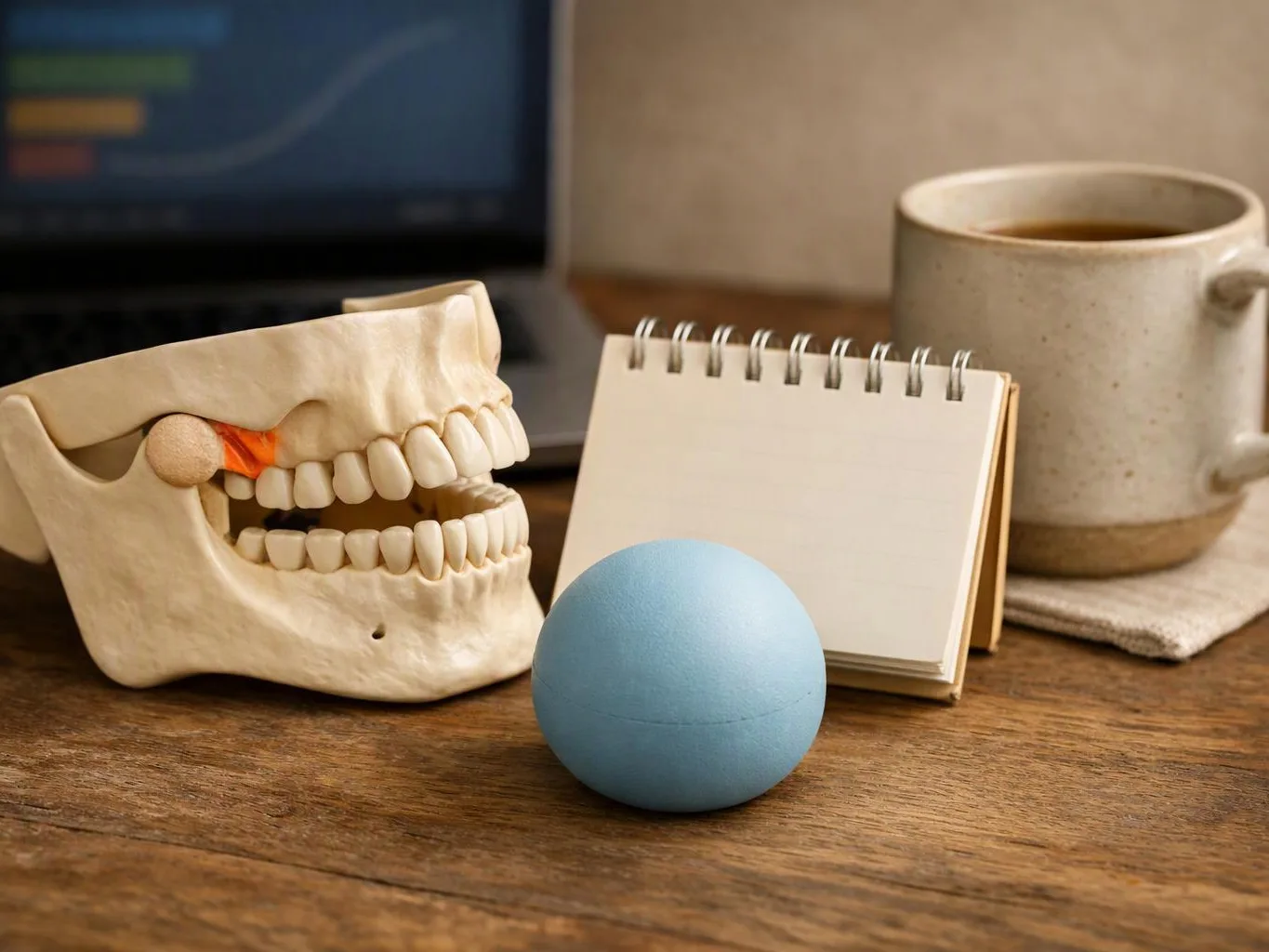 A dental model sits beside a blue ball, a blank notepad, and a coffee mug on a wooden desk
