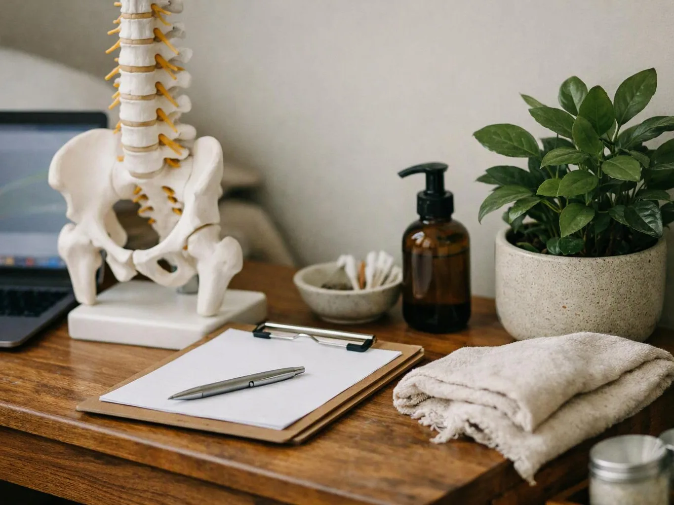 A desk holds a spine model, clipboard with pen, amber pump bottle, potted plant, folded cloth, and laptop
