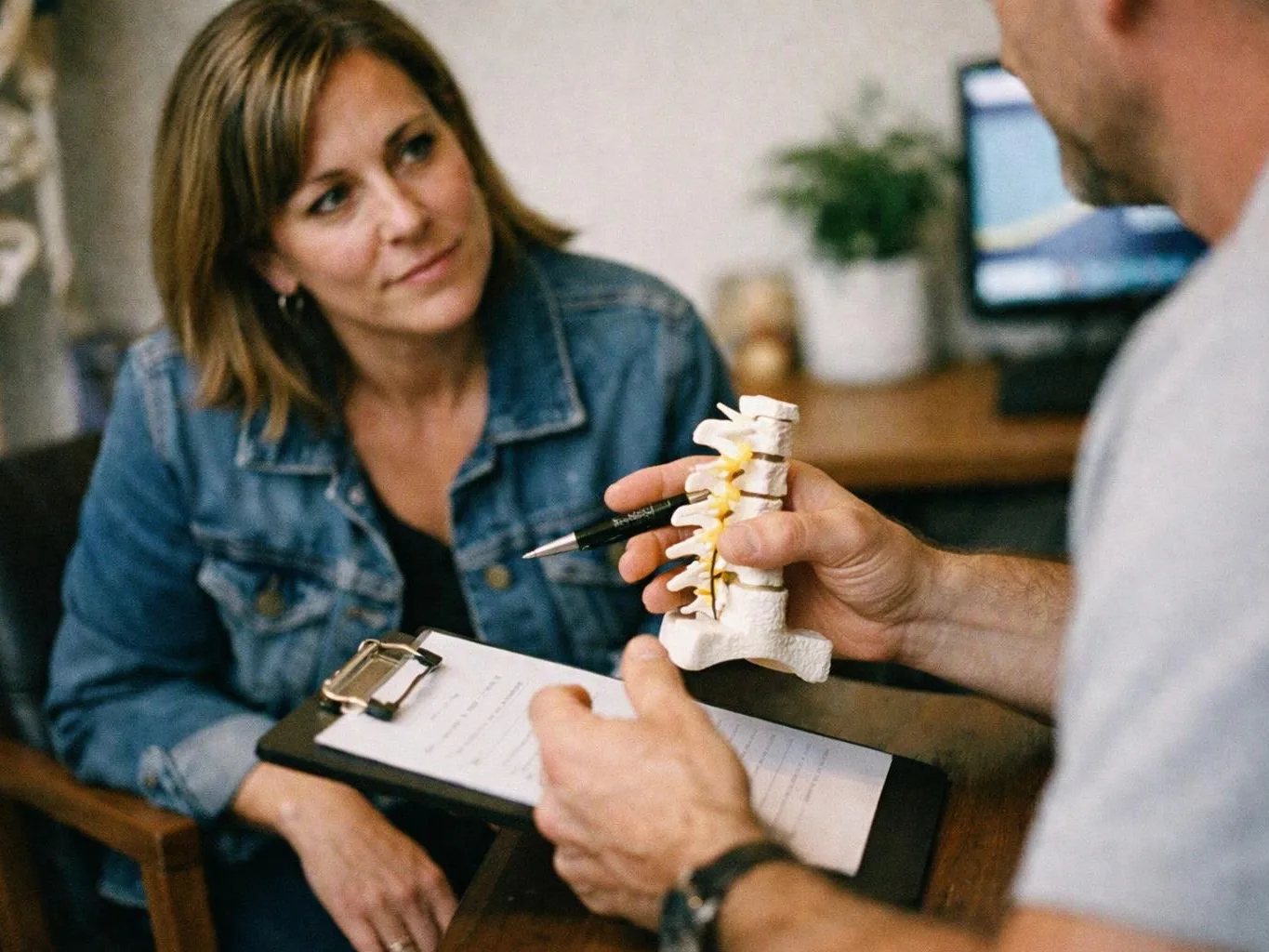 A doctor shows a spine model and clipboard while speaking with a woman in a clinic office