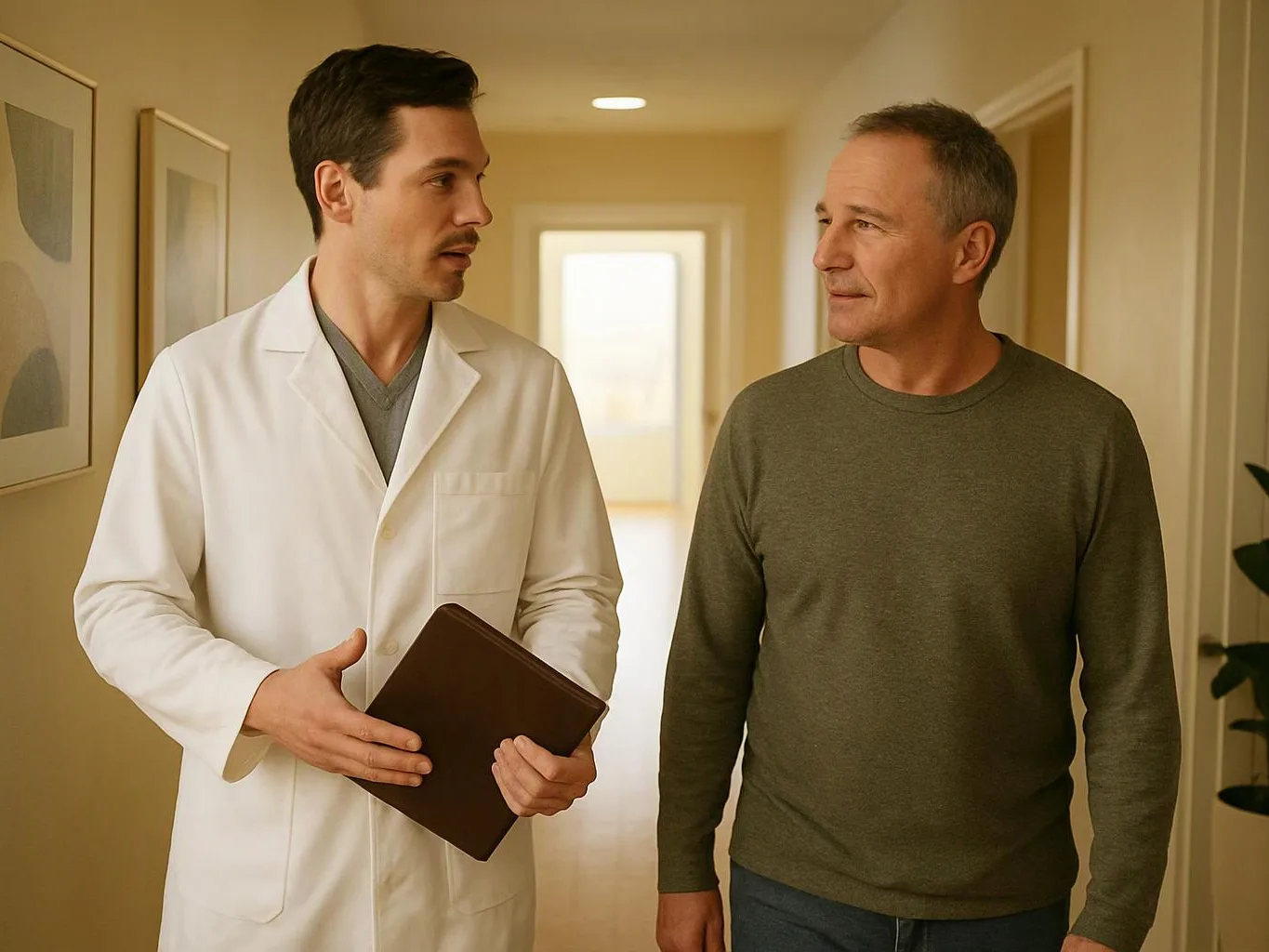 A doctor in a white coat walks beside a man in a hallway, holding a brown folder and talking