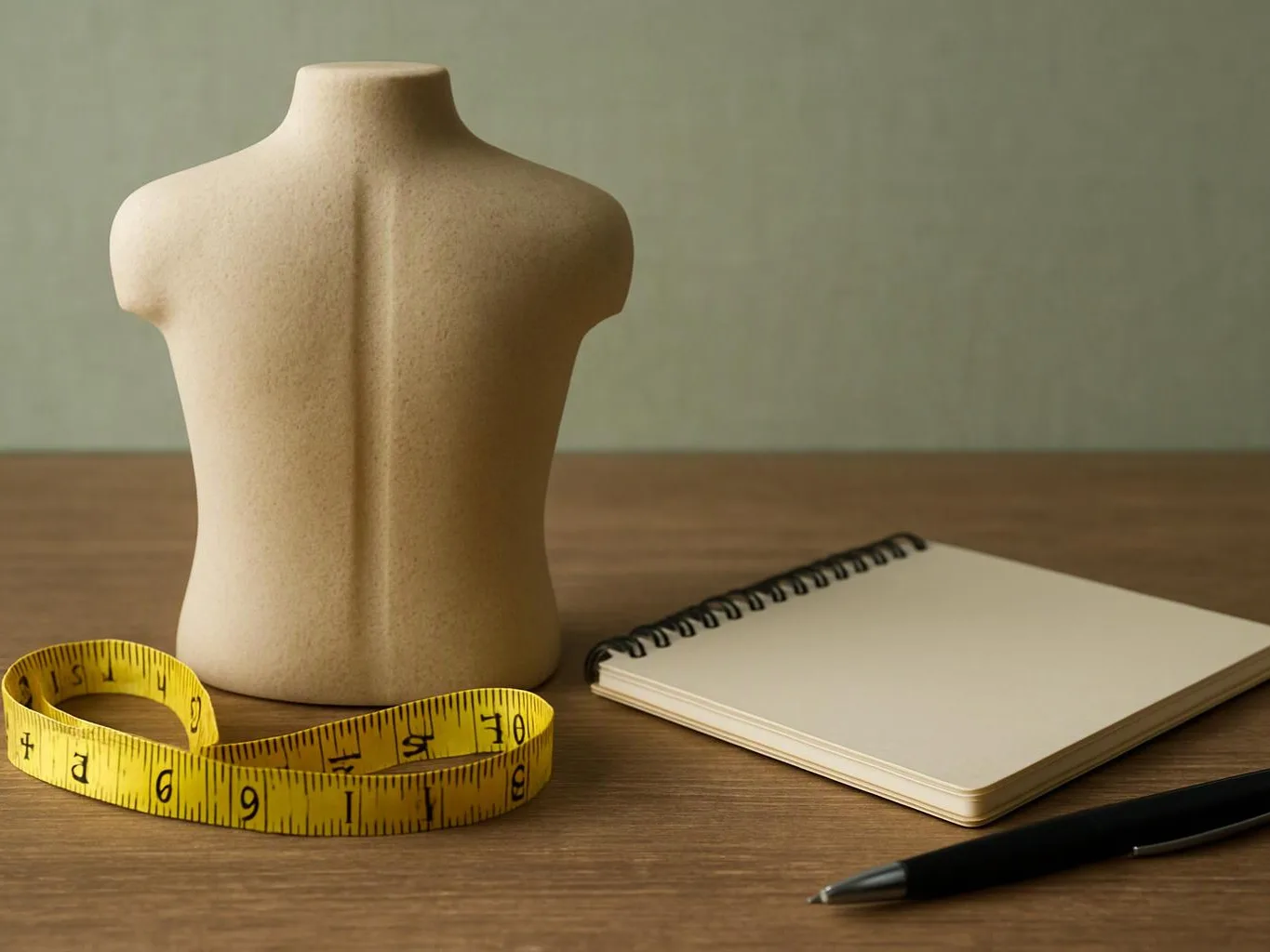 A dress form stands on a wooden table beside a yellow measuring tape, blank notebook, and black pen