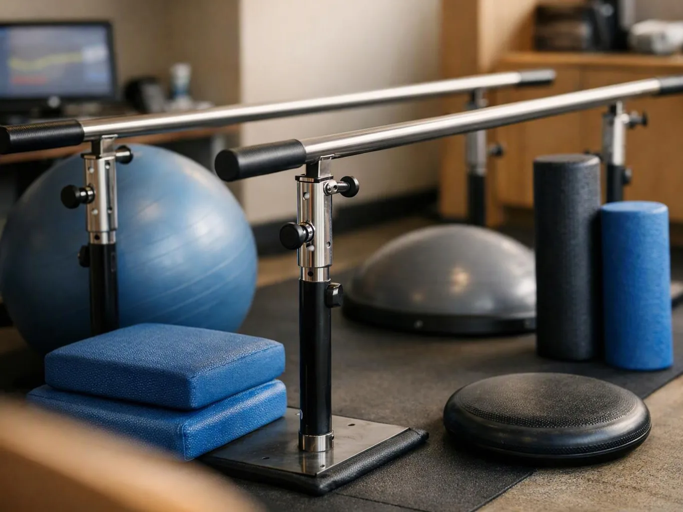Exercise equipment with parallel bars, balance balls, foam rollers, and pads in a therapy room
