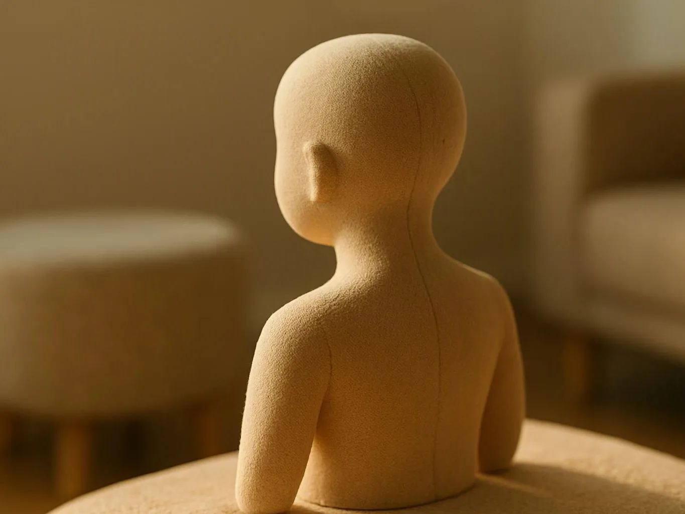 A faceless mannequin sits on a round stool in a softly lit room with blurred furniture behind it
